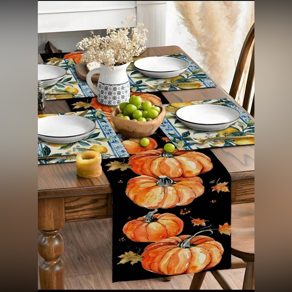 NWT- Vibrant Black w/ Orange Pumpkins & Maple Leaves 🍁- Fall Table Runner 71x13 - Picture 2 of 5